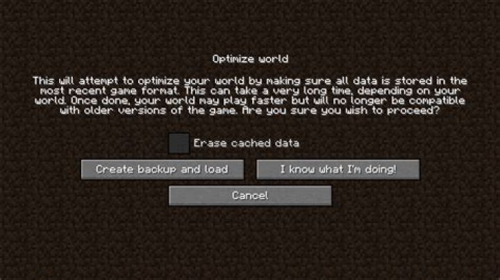 What does optimize world do in minecraft